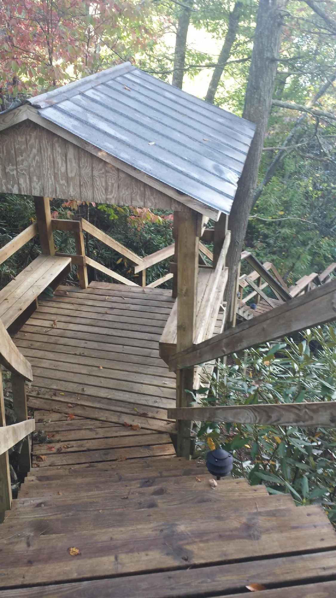 Metal roofed shelter over wooden steps on a wooded walkway — Skylight Repair & Installation work by our crew in Sabinsville